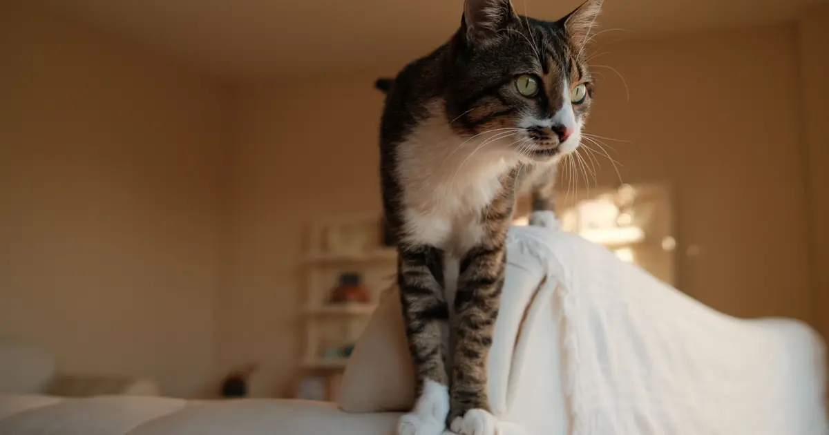 Air purifier running in a living room to reduce cat dander and allergens