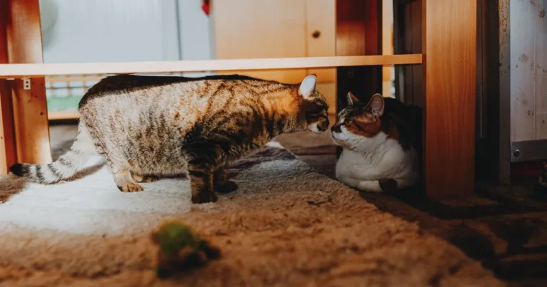 A new cat and a resident cat cautiously meeting nose to nose indoors