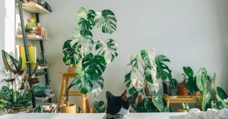 Cat sitting beside cat-safe green houseplants on a bright windowsill