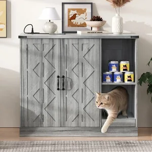 Bencmate Adjustable Shelves Cabinet Cat Litter Box Enclosure, Grey, Grey
