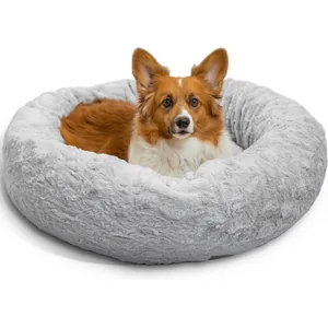 Best Friends by Sheri Calming Lux Fur Donut Cuddler Bolster Cat & Dog Bed, Grey, Medium