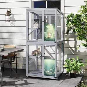 Coziwow Catio Wooden Outdoor Cat House with Wheels, Gray