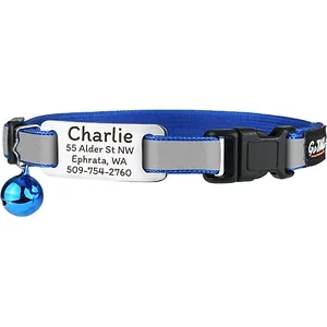 GoTags Nylon Personalized Reflective Tag with Bell Breakaway Cat Collar, Blue
