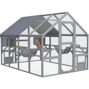 PawHut Catio Outdoor Wooden Multi-Cat House, Gray