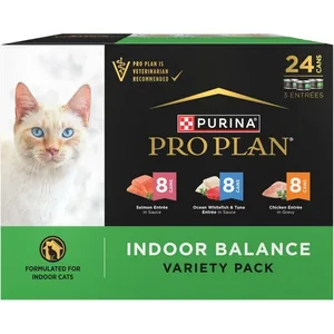 Purina Pro Plan Indoor Balance Chicken, Salmon, Whitefish & Tuna Variety Pack Wet Cat Food, 3-oz can, case of 24