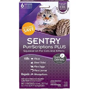 Sentry PurrScriptions Plus Flea & Tick Squeeze-On, Cats > 5 lbs, 6 ct