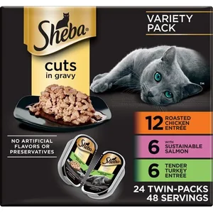 Sheba Chicken, Salmon & Turkey Cat Food Trays, 2.6-oz, 24 twin-packs