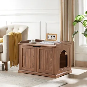Unipaws Furniture Enclosure Decorative Storage Bench Cat Litter Box, Walnut