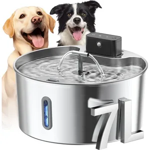 Voluas Indoor Wireless Battery Operated Automatic Stainless Steel Dispenser Dog & Cat Water Fountain with Ultra-Silence Pump, Silver, 7-L