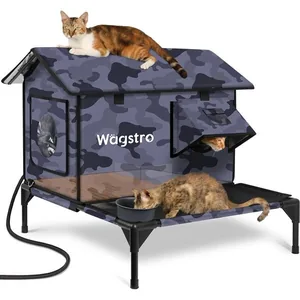 Wagstro Cozy Polyester Outdoor Heated Cat House with Raised Deck, Rainproof Roof & Thermal Pad, Large, Black