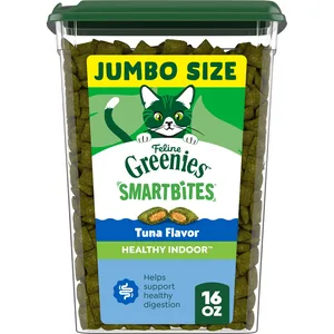 Greenies Feline SmartBites Healthy Indoor Natural Tuna Flavor Soft & Crunchy Adult Cat Treats, 16-oz tub
